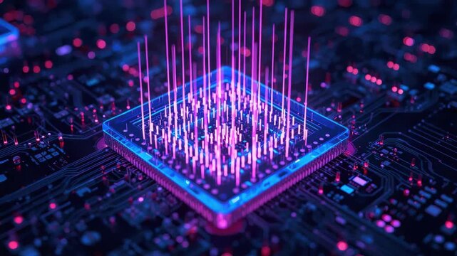 Neon microchip circuit board with glowing data pulse streams and futuristic cyber energy