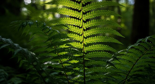 Close up of vibrant green fern fronds in sunlight within forest