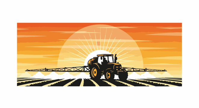 Tractor spraying crops at sunrise, stylized vector art