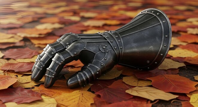 Medieval Knight Gauntlet on Autumn Leaves