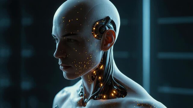 Android humanoid robot with glowing circuitry and sleek metallic neck futuristic humanoid android