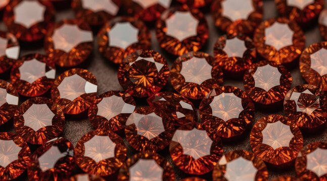 Many round cut hessonite garnet gemstones arranged closely. Faceted gems sparkle with fiery orange brown tones. Close up view shows details of stone facets.
