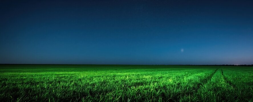 Rich green field under vast night sky with stars. A distant moon or light source illuminates the grass creating vibrant glow. Rural landscape stretches to horizon.