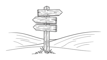 Rustic wooden directional signpost with three arrows in a grassy countryside © Md