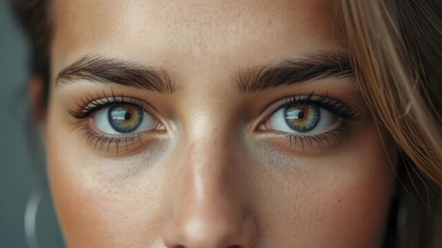 Close up of closed eye with long eyelash and natural makeup, eyebrow detail and soft skin texture