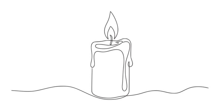 Single line of a lit candle with melting wax drips flame