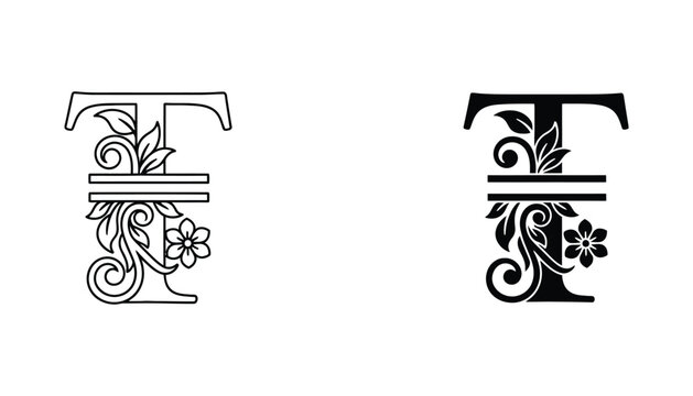 Decorative letter T monogram with floral ornaments and leaf motifs in outline and solid black vector for wedding invitation branding and elegant typography