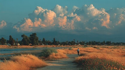 Obraz premium Lone Man Walking on Rural Path at Golden Hour, Majestic Illuminated Cumulus Clouds Over Small Town and Mountain Range, Scenic Countryside Landscape with Wildflowers and Wetland