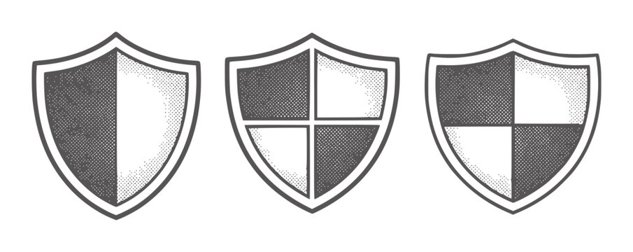Three dark gray and white shield emblems with halftone patterns symbol security protection
