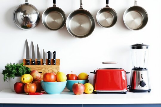 Stainless steel pots hang above apples lemons in bowls. Knives in block next to dill. Red toaster blender on counter. Healthy food preparation.
