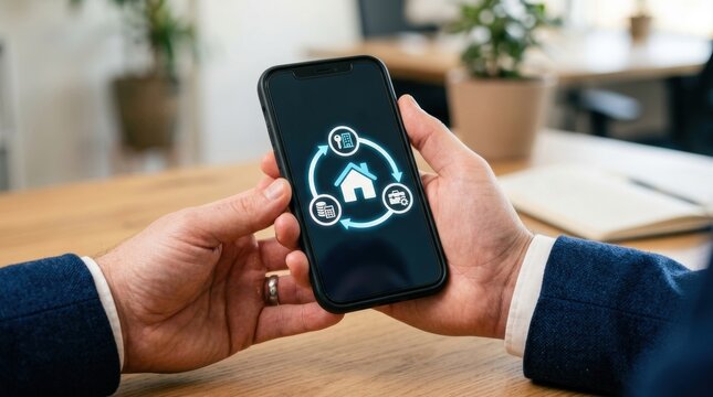 Smartphone with home automation icons in a modern workspace setting