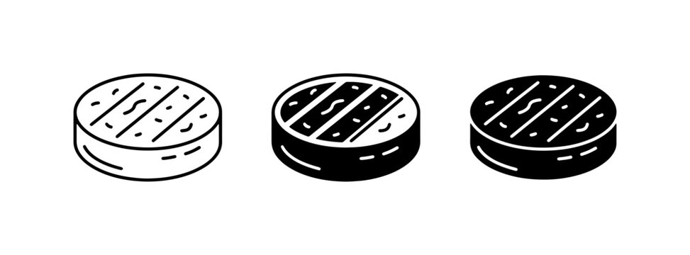 Grilled Burger Patties, Set of 3 Icon Variations: Outline, Solid Black, and Filled Black, Representing Cooked Ground Meat for Burgers and Fast Food