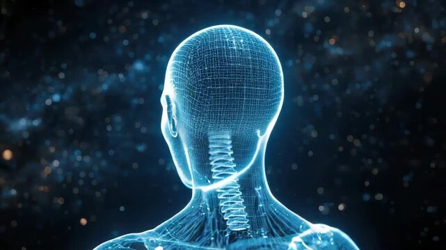 Glowing digital human profile wireframe skull and illuminated spine with futuristic blue neural