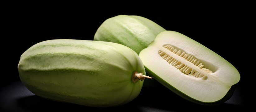 Experience the crisp freshness and elegant simplicity of ripe Korean melons in this dramatic botanical portrait.