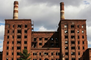 Fototapeta na wymiar Old brick factory buildings with broken windows, tall smokestacks stand against cloudy sky. Abandoned industrial complex shows signs of decay, neglect. Nature begins reclaiming unused structures.