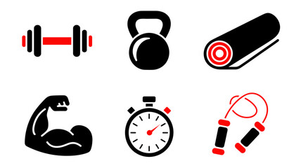 Set of fitness and gym icons including dumbbell, kettlebell, yoga mat, muscle arm, stopwatch and jump rope © Vector Pulse