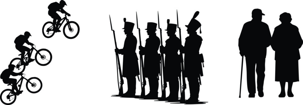 Silhouette Collection of Mountain Bikers Jumping Military Guard with Bayonets and Elderly Couple