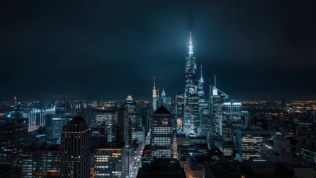 City skyline skyscraper tower night lights illuminated skyline moody blue atmospheric glow