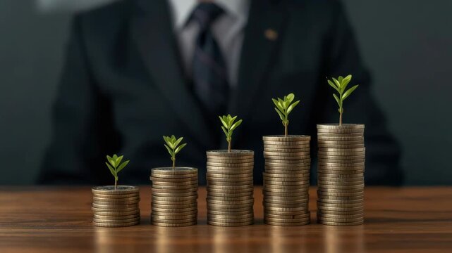 Coin seedling growth investment finance savings small seedlings sprouting from stacked coins