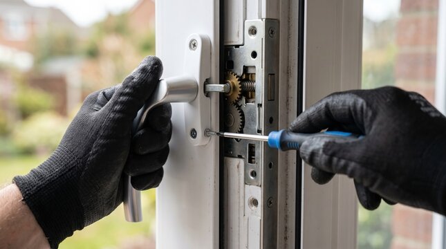 Repairing a door lock mechanism with a screwdriver and black gloves