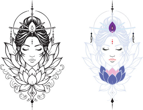 Japanese geisha woman portrait with lotus flower, zen goddess vector illustration, oriental spiritual lady line art and color set for tattoo and wellness