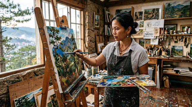 Woman artist painting a mountain landscape inside a rustic studio.