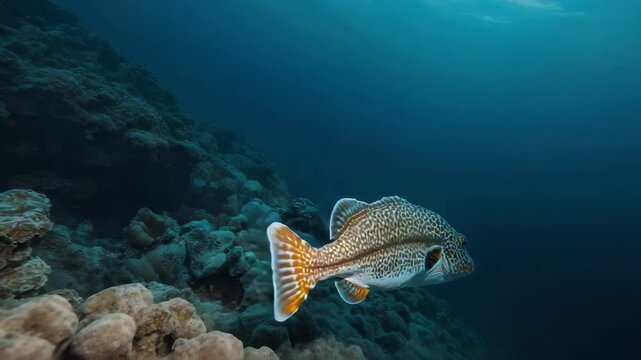 Spotted reef fish and coral cod over reef coral underwater ocean marine with serene turquoise blue