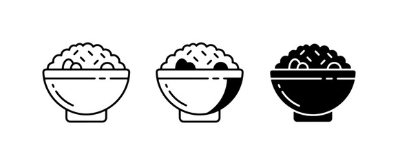 Fototapeta premium Three Bowls of Rice Icons, Simple Line Art and Silhouette Styles, Asian Cuisine Staple, Healthy Food Graphic Elements