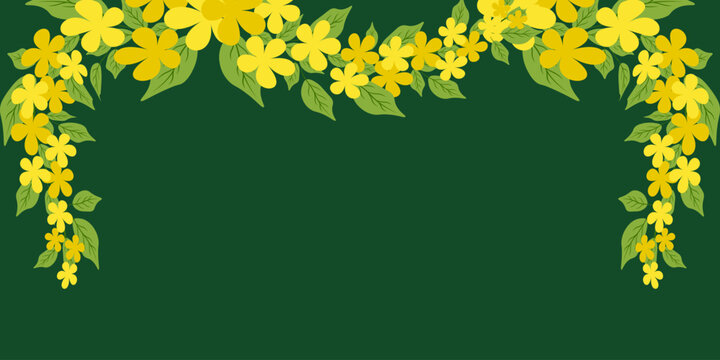 Yellow Floral Frame with Empty space for text. Vector golden rain tree Frame with copy space. Vishu festival horizontal Banner design. EPS 10