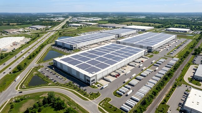 Aerial view of modern logistics center with solar panels and many trucks