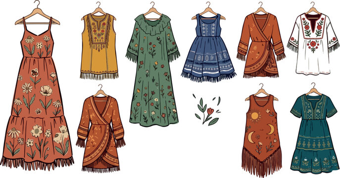 Boho style dresses and clothing embroidered with floral patterns fringe details on hangers on transparent background.