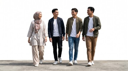 Fototapeta premium Group of four young adults, two men and two women, walking forward outdoors on a paved surface
