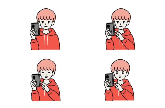 パーカーを着た男性がスマホを操作する表情4種類セット フラットイラスト