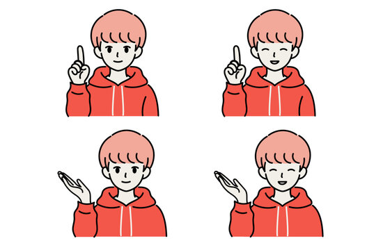パーカーを着た男性が指差しと案内ポーズをする笑顔のフラットイラスト