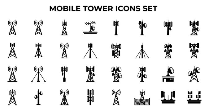 Mobile tower icons set, 28 black telecommunication antenna silhouettes, cellular network signal transmitter symbols for technology and communication design