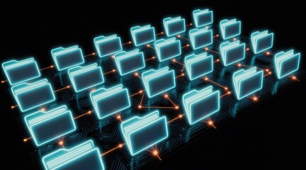 Fototapeta premium Organized digital folders form a glowing network grid representing data management and future tech innovation. Abstract concept of information storage and connection in cyberspace.