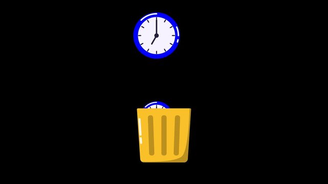 Wasted time clock animation falling into trash bin on transparent background