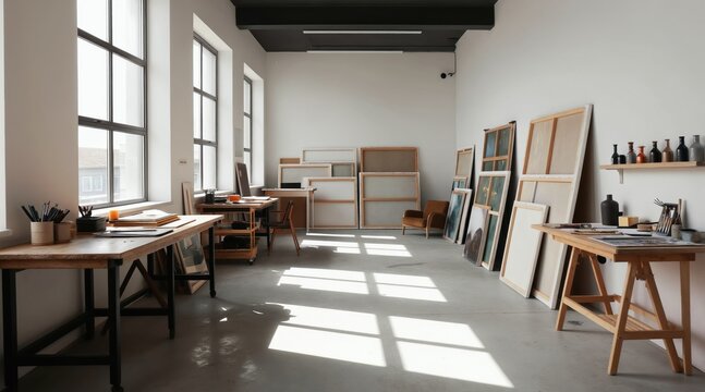 Sunlit loft art studio with easels canvases and painting supplies. Large windows let in bright daylight creating a creative workspace. Empty room for artist inspiration or design project.