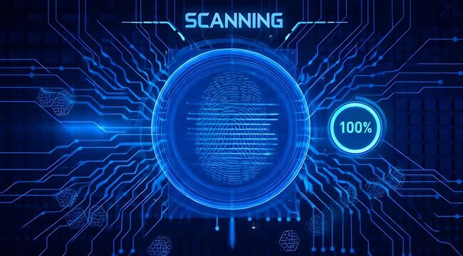 Digital Futuristic Biometric Fingerprint Scan Authentication Process With Glowing Blue Circuit Board Background And Verified Status Update