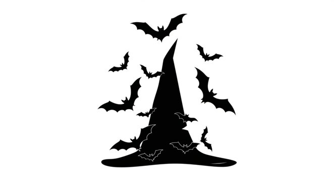 Black silhouette of witch hat with bats.