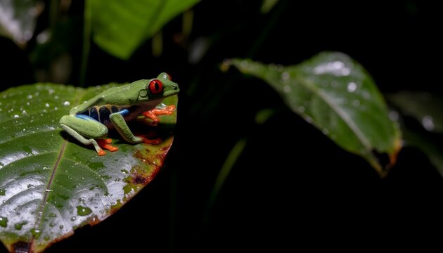 A red-eyed tree frog sits on a wet leaf in a rainforest at night.
