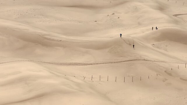 Aerial view of people walking along the ridges of vast sand dunes with tire tracks and wooden fences in Senek, Mangystau Region, Kazakhstan.