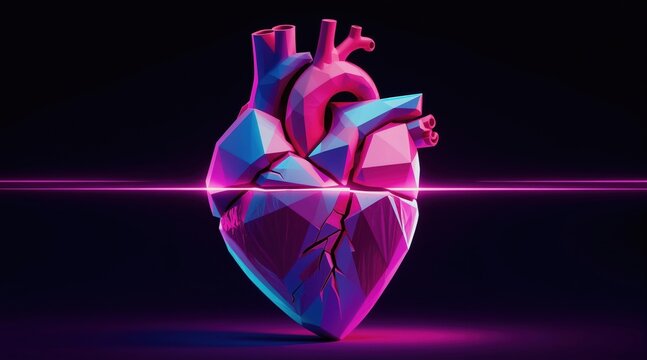Geometric heart form glows pink and blue. Low poly 3D render displays cracked surface. Abstract medical concept with dark background and neon light line.