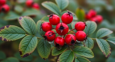 Obraz premium Close up of vibrant red rose hips with green foliage on a bush