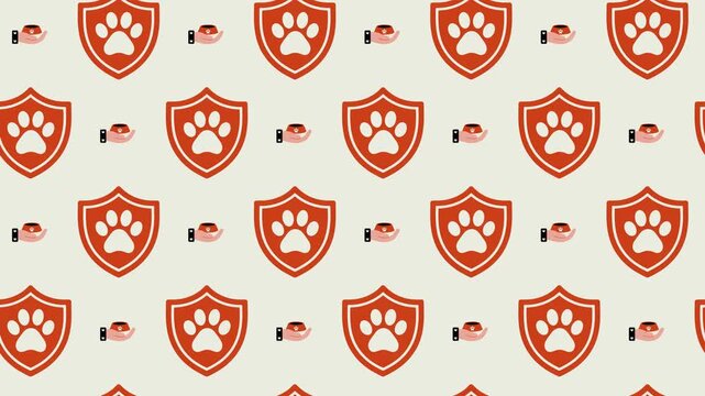 Hands Holding Pet Food Bowl and Shield Seamless Pattern, Animal Nutrition Concept.