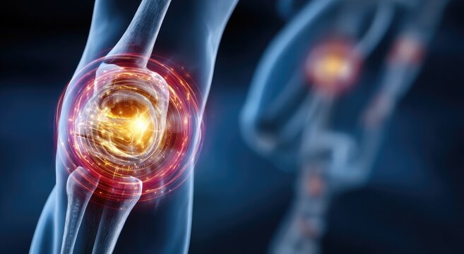 Glowing anatomical joint visualization showing pain and inflammation