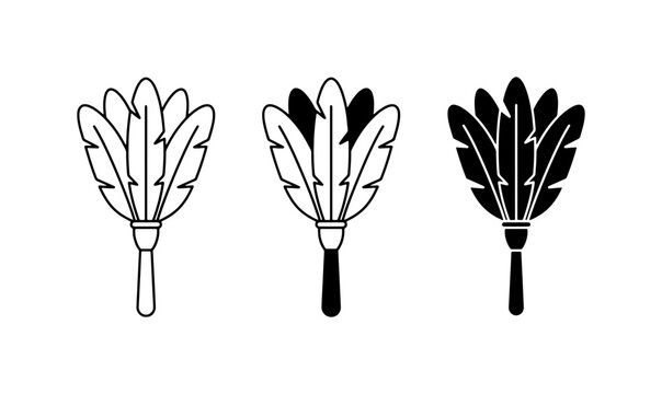 Feather Duster Icons Set, Cleaning Tools Vector Graphics, Vintage Brush Symbol Collection, Home Maintenance Clip Art