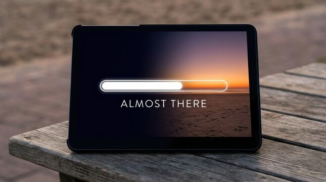 Tablet screen displays "Almost There" with a loading bar and sunset background