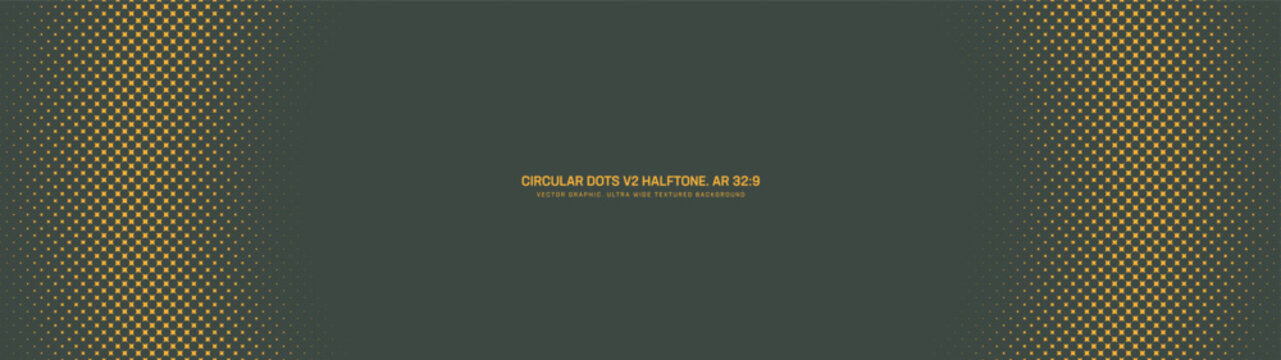 Circular halftone pattern round borders frame ultra wide 32:9 aspect ratio yellow dark green vector retro styled abstract background. Offset half tone ultrawide format retro futuristic technology