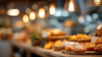Fototapeta premium Blurred bakery shelves with artisan bread and warm bakery ambiance.